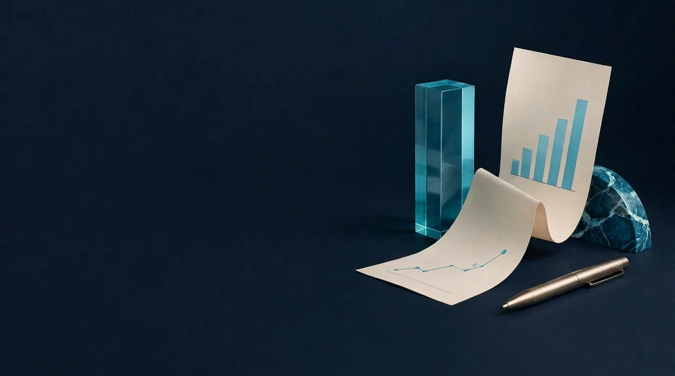 An abstract arrangement of financial planning sheets and cyan glass